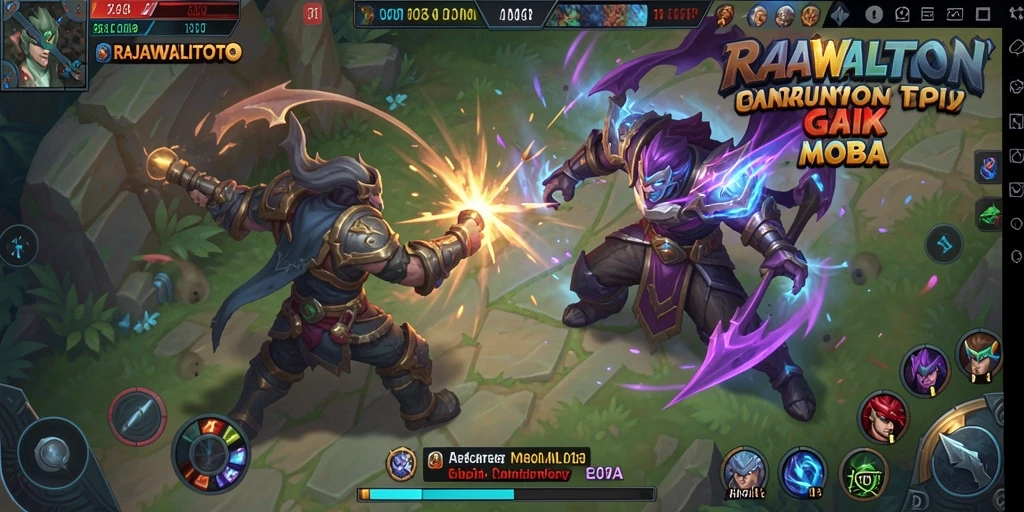 Tampilan gameplay seru dalam RAJAWALITOTO dengan aksi MOBA yang mendebarkan.