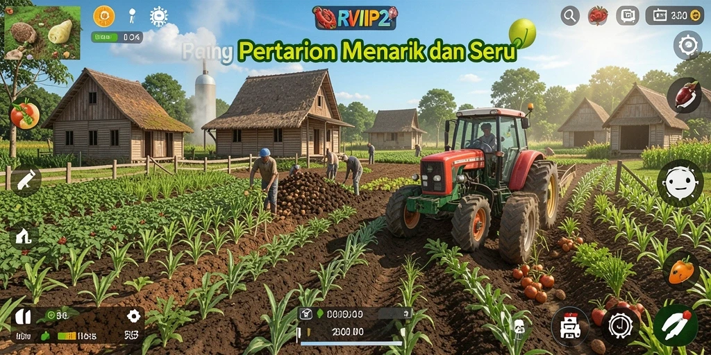 Tampilan gameplay seru dalam RVIP2 yang menampilkan aktivitas pertanian.